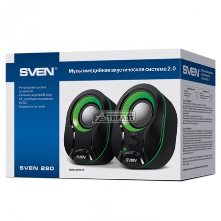 Акустика SVEN 290 2.0 (2x2.5W,USB питание)black/green,ABS-пластик купить по самой низкой цене