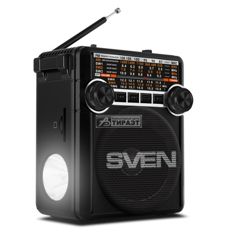 Радиоприемник SVEN SRP-355 Black (FM/AM/SW 1-6 диапозон, USB/mSD, 3Вт, 150-20000Гц, аккум/DC 4,5V) + ФОНАРИК купить по самой низкой цене