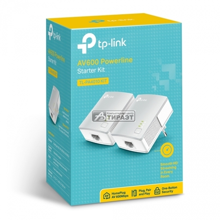 Адаптер  2шт*AV600 Nano Powerline TP-LINK TL-PA4010PKIT со встроенной розеткой, 1p*10/100Мбит/сек, max 500Мб/с купить по самой низкой цене