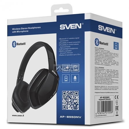 Наушники с микрофоном SVEN AP-B550MV (Bluetooth v4.1, HSP/HFP/A2DP/AVRCP, 20-20000Гц, 3.5мм/4pin, 1.2м) купить по самой низкой цене