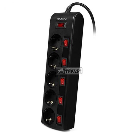 Фильтр SVEN SF-05PL (3м, max.нагрузка 2200Вт, 5 роз.CEE 7/4, 5 индивидуаль.выключ. + 1 общий) black купить по самой низкой цене