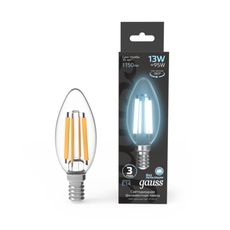 Лампа светодиодная Gauss Filament Свеча 13Вт 1150lm 4100К Е14 (103801213) купить по самой низкой цене