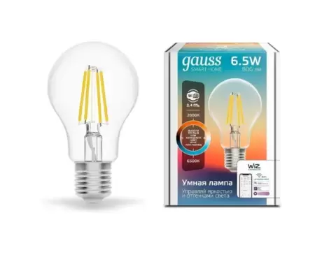 Лампа Умная Wi-Fi LED GAUSS (1220112) Smart Home Filament А60 6,5W 806лм E27 ССT DIM управл.голосом/смартфоном купить по самой низкой цене