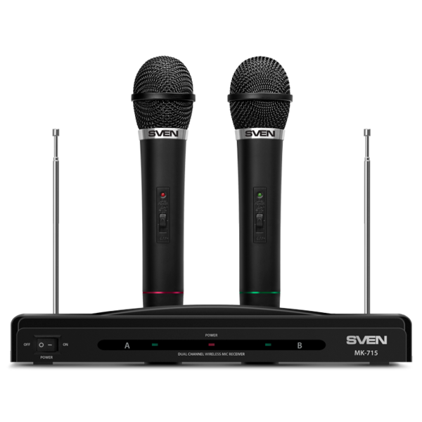 Микрофоны динамические (комплект из 2 шт. + ресивер) SVEN  MK-715 (беспроводные радио., 80-12000Гц) черные купить по самой низкой цене