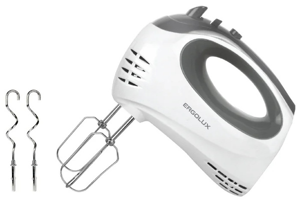 Миксер ERGOLUX ELX-EM02-C31 (ручной, 320Вт, 5 скор, турборежим, венчики и крюки для теста) белый/серый купить по самой низкой цене