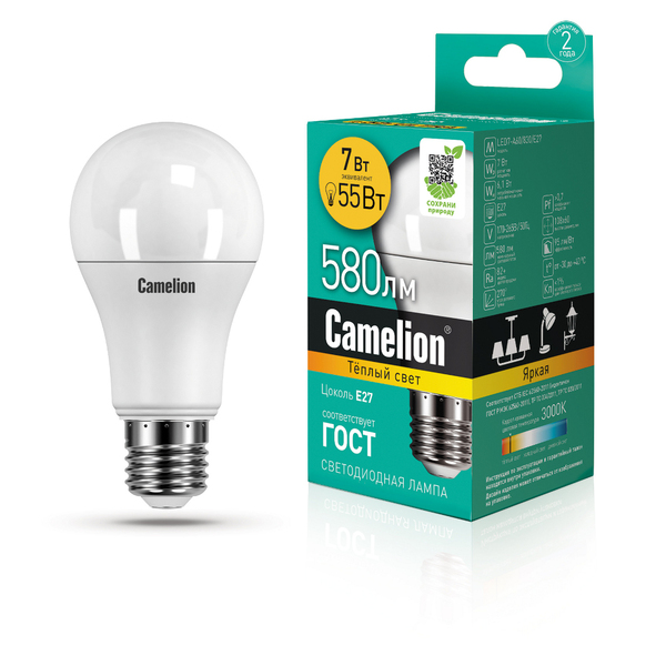 Лампа светодиодная Camelion (LED7-A60/830/E27) 3000k, 7Вт, 580лм, E27, 220В, колба матовая A60 (11253) купить по самой низкой цене