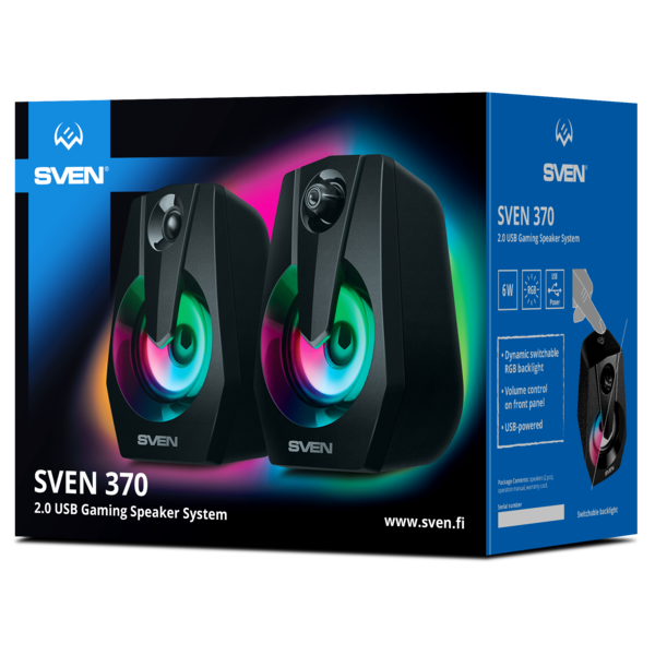 Акустика SVEN 370 2.0 (2x3W, USB/DC 5V, RGB-подсветка, 100-20000Гц) black купить по самой низкой цене