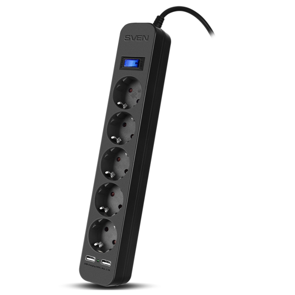 Фильтр SVEN SF-05LU (3,0м, Black, роз.-5*СЕЕ 7/4 + 2*USB max 2.4A(12Вт), нагрузка max 2200Вт) защ.шторки купить по самой низкой цене