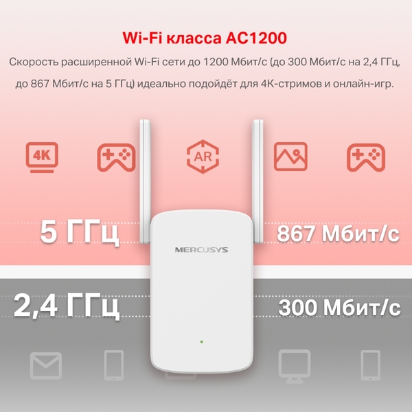 Усилитель беспровод.сигнала WiFi (репитер) AC1200 MERCUSYS (ME30) 5/2.4ГГц 867/300Мбит/с купить по самой низкой цене