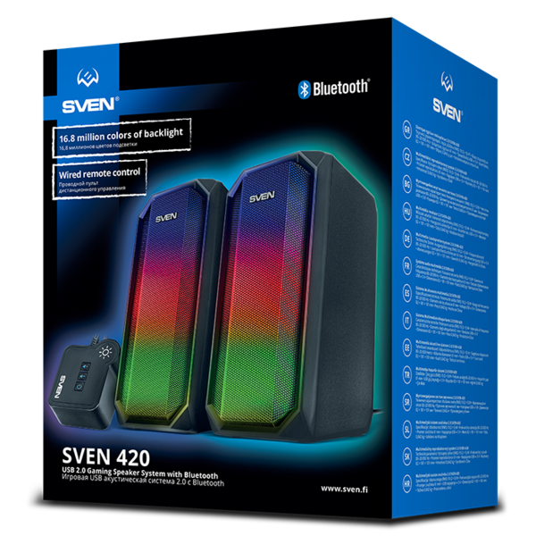 Акустика SVEN 420 2.0 (Bluetooth/проводное, 2x5W, питание USB/DC 5V, 80-20000Гц, RGB подсвека) black купить по самой низкой цене