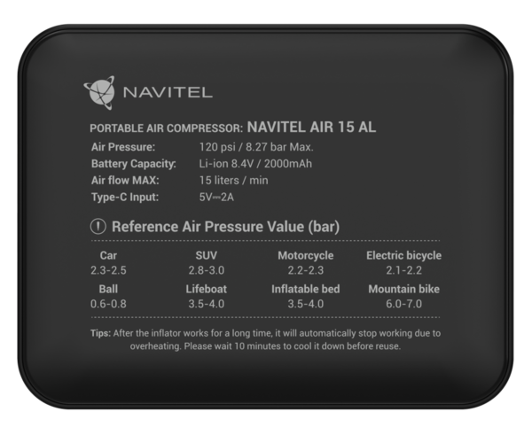 Компрессор портативный воздушный NAVITEL (AIR 15 AL) аккум.8.4V/2000mAh, макс.8.27бар, цифровой манометр, USB купить по самой низкой цене