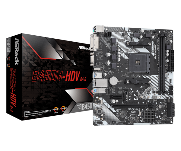 M/B S-AM4:ASRock B450M-HDV R4.0 (2*DDR4 3200, 1*PCIE x16+1*PCIE x1, DVI/HDMI/DSub, COM, RAID, M2, GLan) купить по самой низкой цене