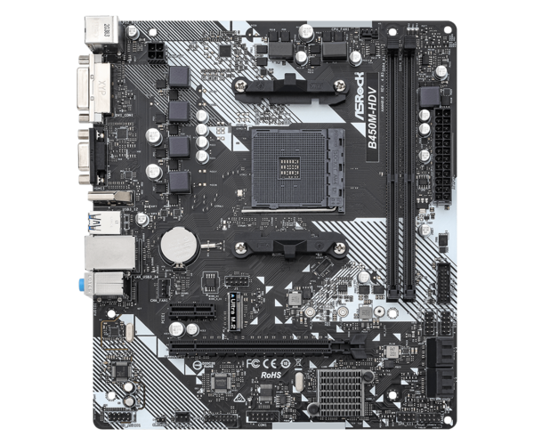 M/B S-AM4:ASRock B450M-HDV R4.0 (2*DDR4 3200, 1*PCIE x16+1*PCIE x1, DVI/HDMI/DSub, COM, RAID, M2, GLan) купить по самой низкой цене