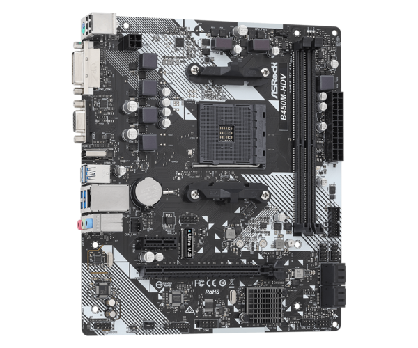 M/B S-AM4:ASRock B450M-HDV R4.0 (2*DDR4 3200, 1*PCIE x16+1*PCIE x1, DVI/HDMI/DSub, COM, RAID, M2, GLan) купить по самой низкой цене