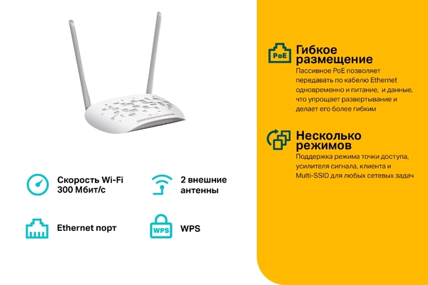 Точка доступа Wi-Fi TP-LINK (TL-WA801N) 1p*Lan PoE, 802.11bgn, 300М/с, 2.4ГГц купить по самой низкой цене