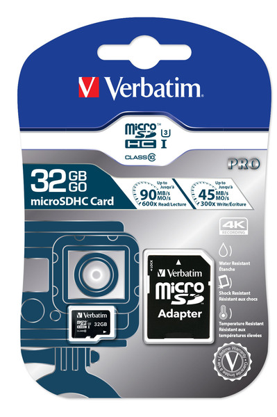 microSDHC CARD 32Gb Verbatim Pro (47041) V30, UHS Speed Class 3 (U3), R/W 90/45Mb/s + адаптер 0023942470410 купить по самой низкой цене