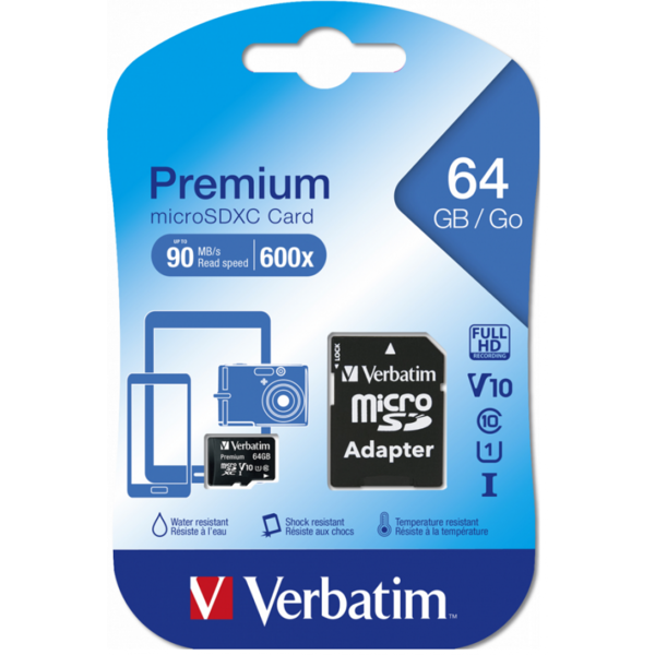 microSDXC CARD 64Gb Verbatim Premium (44084) V10, Cl. 10, U1, Read 90Mb/s + адаптер       EAN  0023942440840 купить по самой низкой цене