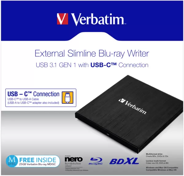 Привод-внешний BD-R/RE&DVD Verbatim (43889) USB 3.2 GEN 1, USB type A/C Black            0023942438892 купить по самой низкой цене
