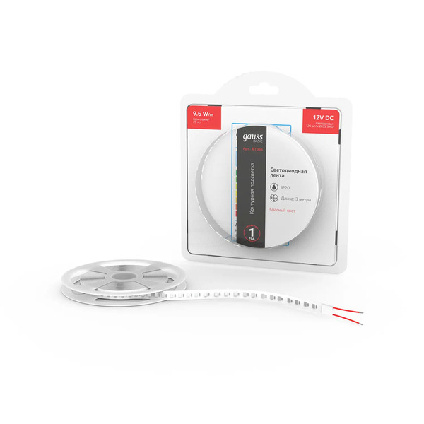 Лента светодиодная Gauss Basic (BT066) LED 2835/120 12V 9,6W/m 624lm/m красный 8mm IP20 3m купить по самой низкой цене