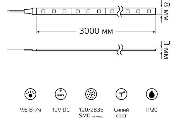 Лента светодиодная Gauss Basic (BT067) LED 2835/120 12V 9,6W/m 624lm/m синий 8mm IP20 3m купить по самой низкой цене