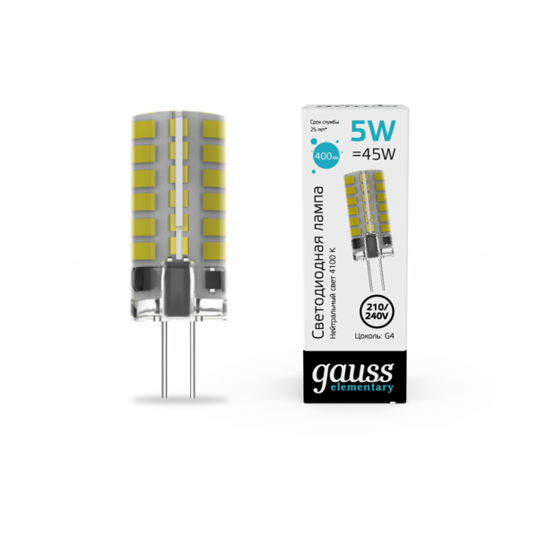 Лампа светодиодная GAUSS (18025) 4100K, 5W, 400lm, G4, силикон Elementary  LED, AC210-240V купить по самой низкой цене