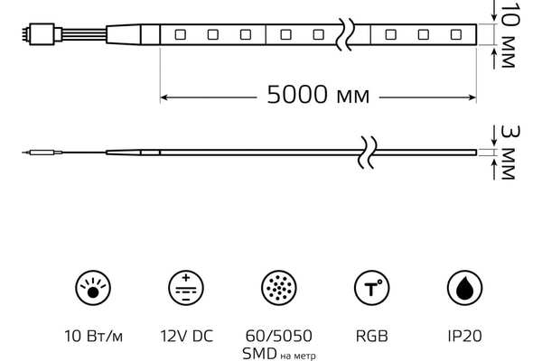 Лента светодиодная Gauss Basic (BT042) LED 5050/60 12V 10W/m 700lm/m RGB 10mm IP20 5m ДУ+RGB-контр+БП купить по самой низкой цене