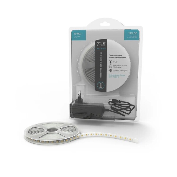 Лента светодиодная Gauss Basic (BT043) LED 5050/60 12V 10W/m 700lm/m 4000K 10mm IP20 5m + БП купить по самой низкой цене