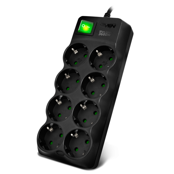Фильтр SVEN SF-08E-16 Black (3м, max.нагрузка 3680Вт/16А, 8роз.CEE7/4, Защитные шторки) купить по самой низкой цене