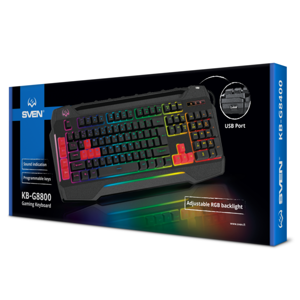 Клавиатура SVEN KB-G8800 игровая, USB, black, RGB подсветка с регулир. яркости, 1p*USB, доп. клав. G1-G4, WASD купить по самой низкой цене