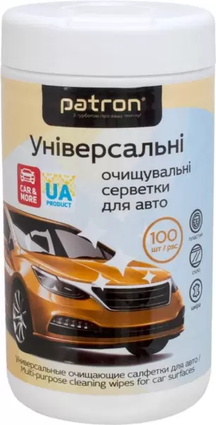 Салфетки чистящие универсальные для авто,пластик/стекло/кожа/резина PATRON, туба 100шт., (F3-052) влажн. купить по самой низкой цене