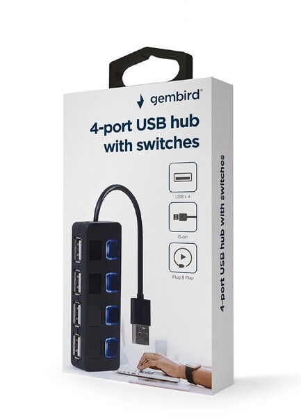 HUB  4PORT USB Gembird (UHB-U2P4-05) 4p*USB 2.0 с индивид. выключ., встроенный кабель 15см USB 2.0, black купить по самой низкой цене