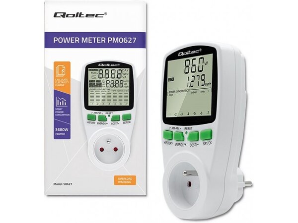 Тестер-ваттметр измеритель потребляемой мощности Qoltec (50627) PM0627 3680W, 16A, LCD купить по самой низкой цене