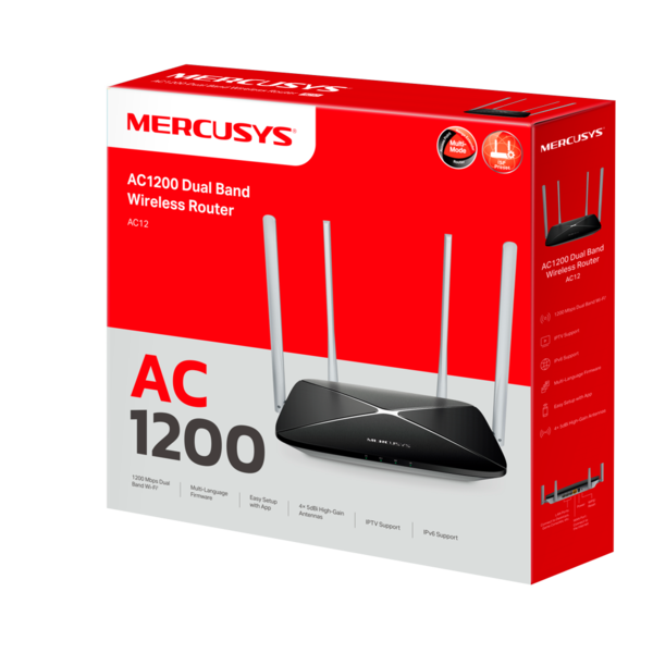 Маршрутизатор  MERCUSYS AC12 (4p*Lan+1p*Wan+USB, 5ГГц: 867Мб/с / 2.4ГГц 300Мб/с) купить по самой низкой цене