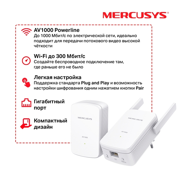 Адаптер Powerline Mercusys (MP510 KIT) Компл. адаптеров Powerline AV1000 с поддерж. Wi Fi N300 купить по самой низкой цене