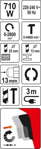 Дрель ударная YATO YT-82034 (710Вт, патрон 13мм, 0-2800об/мин, 44800уд/мин, рукоятка) купить по самой низкой цене