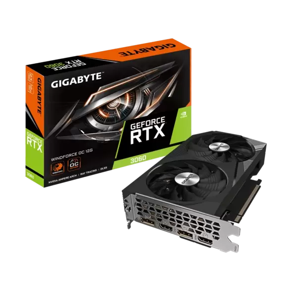 Видеокарта PCI-E 4.0 12Gb GDDR6 GIGABYTE RTX 3060 Windforce OC 12GB (GV-N3060WF2OC-12GD 2.0) 192b, 2*HDMI/DP купить по самой низкой цене
