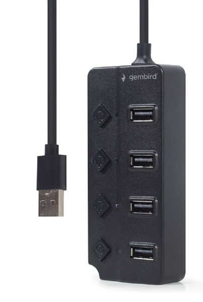 HUB 4-х порт-й USB Gembird (UHB-U2P4P-01) USB 2.0  ->  4*USB 2.0 Type-A, 80см, Power port 5V DC, инд.выкл, BLK купить по самой низкой цене