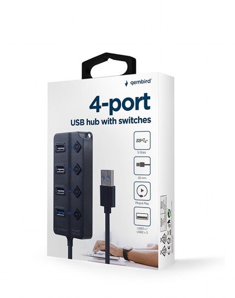 HUB 4-х порт-й USB Gembird (UHB-U3P1U2P3P-01) USB-A 3.1 -> 3*USB2.0+USB3.1 Type-A, 25см, 5V DC, инд.выкл, BLK купить по самой низкой цене