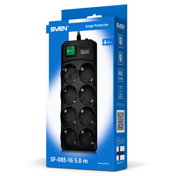 Фильтр SVEN SF-08E-16 Black (5м, max.нагрузка 3680Вт/16А, 8роз.CEE7/4, Защитные шторки) купить по самой низкой цене