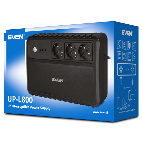 Блок UPS 800VA/400Вт SVEN SVEN UP-L800 (USB, вых.3*CEE7/4, вход 1*СЕЕ7/7, линейно-интерактивный) купить по самой низкой цене