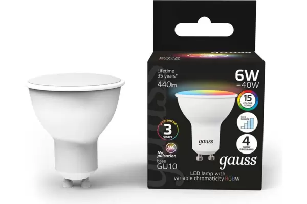 Лампа светодиодная GAUSS Smart 6Вт 440лм GU10, RGBW + шаг. димирование (101106406) MR16 купить по самой низкой цене