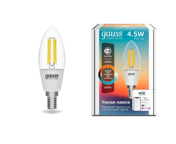 Лампа Умная Wi-Fi LED GAUSS (1250112) SmartHome Filament С35 4,5W 495лм E14 ССT DIM управл. голосом/смартфоном купить по самой низкой цене