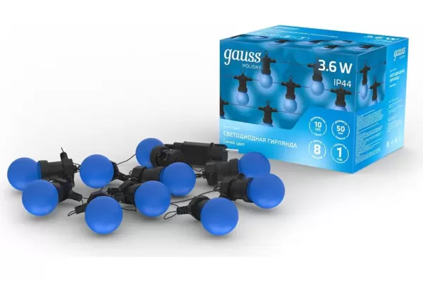 Гирлянда светодиодная 'Белт Лайт' Gauss (HL063)  серия Holiday, 10 ламп, 7,7 м, IP44, синий купить по самой низкой цене