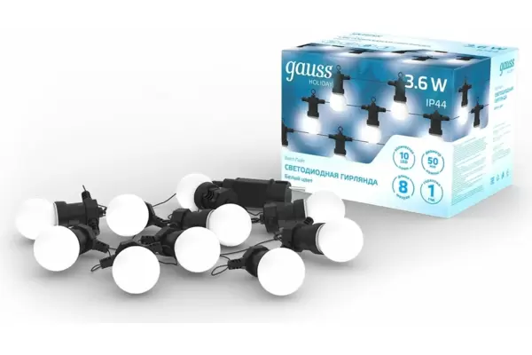 Гирлянда светодиодная 'Белт Лайт' Gauss серия Holiday, 10 ламп, 7,7 м, IP44, белый  (HL062) купить по самой низкой цене