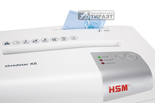 Уничтожитель документов HSM ShredStar X8 (P-4, 8л.,4.5x30мм,18литр, скрепки/скобы/пл.карты/CD, 1044121) купить по самой низкой цене