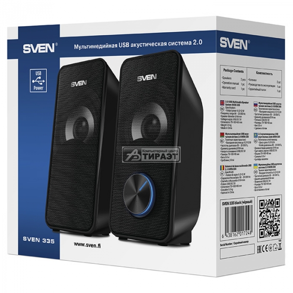 Акустика SVEN 335 2.0 (2x3W, DC 5V/USB питание) black,  ABS-пласт. купить по самой низкой цене