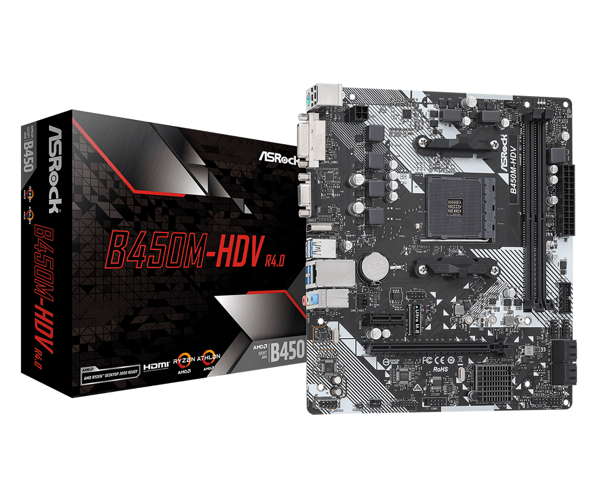 M/B S-AM4:ASRock B450M-HDV R4.0 (2*DDR4 3200, 1*PCIE x16+1*PCIE x1, DVI/HDMI/DSub, COM, RAID, M2, GLan) купить по самой низкой цене
