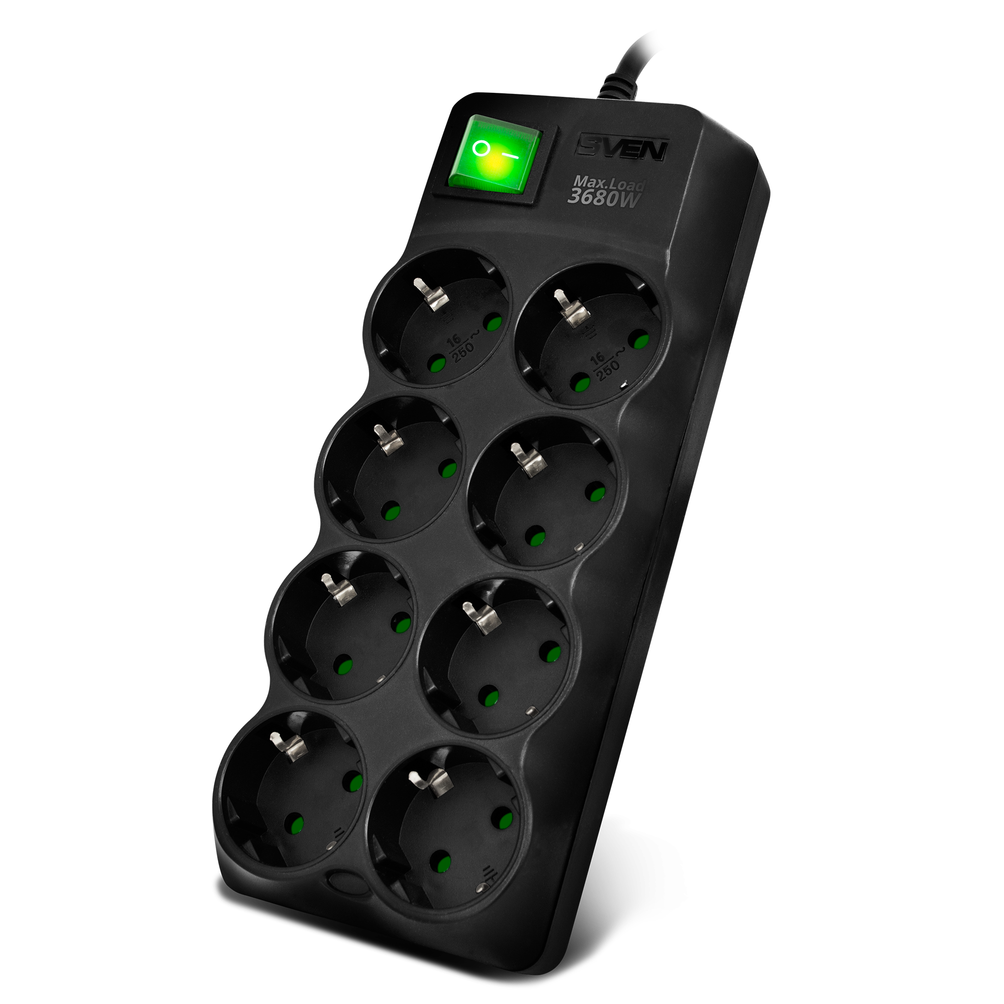 Фильтр SVEN SF-08E-16 Black (3м, max.нагрузка 3680Вт/16А, 8роз.CEE7/4, Защитные шторки) купить по самой низкой цене