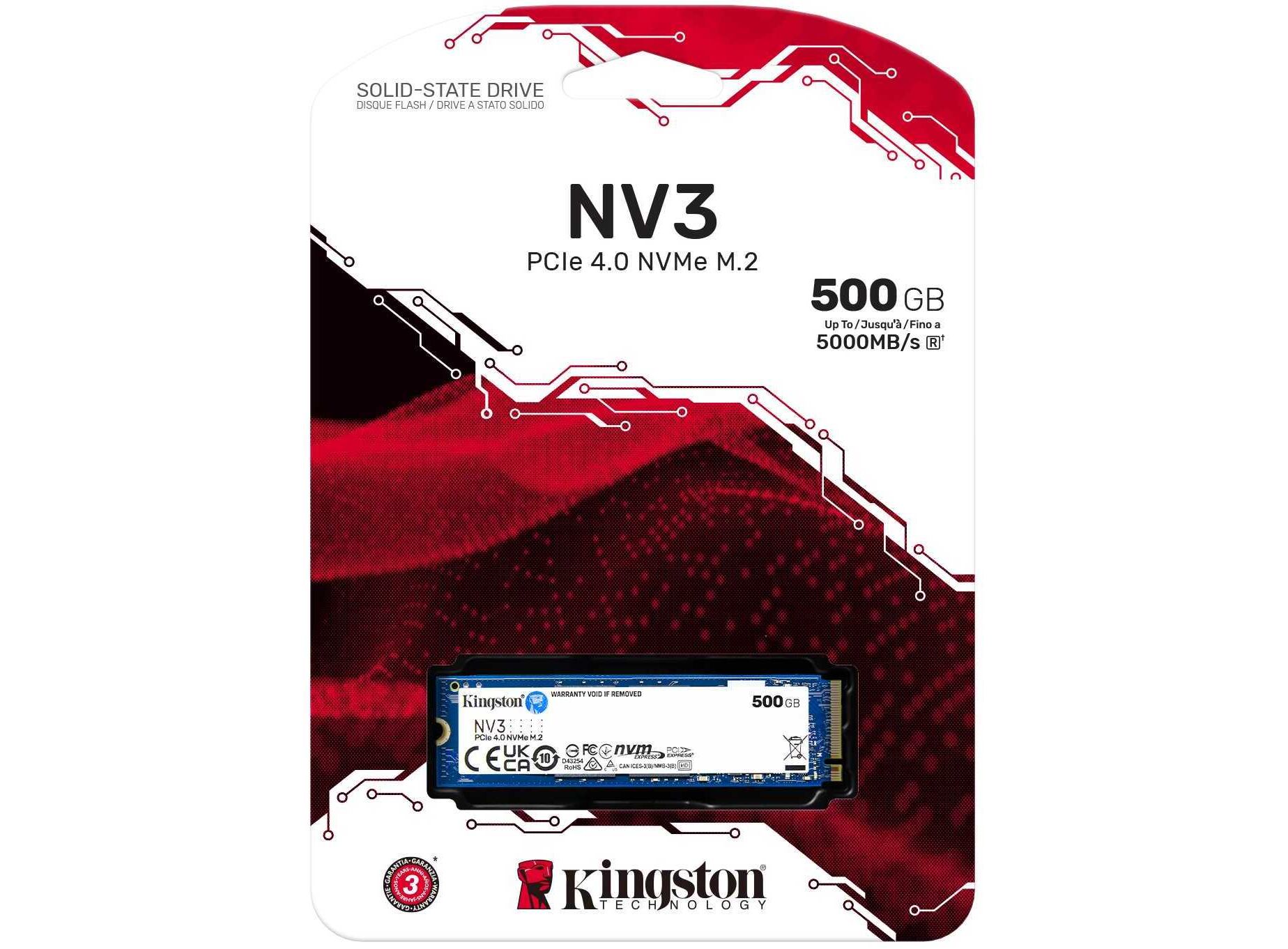 SSD 500Гб, M.2 2280/PCI-E 4.0x4x NVMe, Kingston NV3 (SNV3S/500G) TLC 3D NAND, R/W 5000/3000МБ/с купить по самой низкой цене