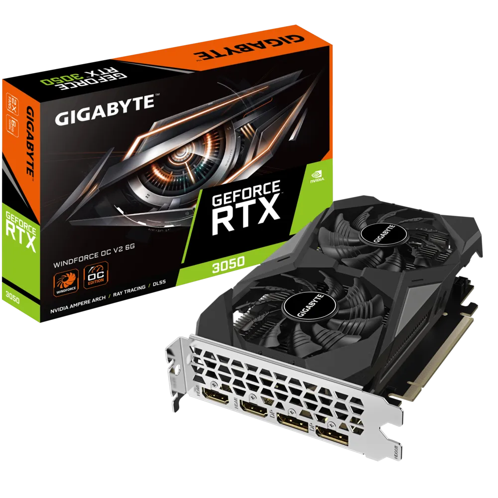 Видеокарта PCI-E 4.0 6Gb GDDR6 GIGABYTE GF RTX 3050 WINDFORCE OC V2 (GV-N3050WF2OCV2-6GD) 96b, 2*HDMI/2*DP купить по самой низкой цене